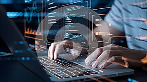 Programmer Working On Code On Laptop Computer With Data Analysis Screen In The Background