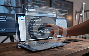 Programmer working on code with a transparent display and multiple monitors, ai-generated