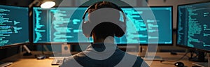 Programmer working on computer code, focused. Developer with headphones in tech office. Programmer coding at workplace. Coding,