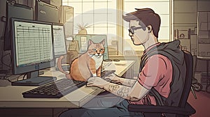 Man sending messages, surfing Internet at home. workplace with his pet. Freelancer with computer spends time with cat.