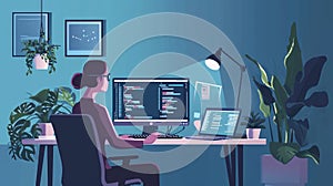 Programmer working on computer at home office. Programmer coding code on computer monitor. Programmer coding and programming.