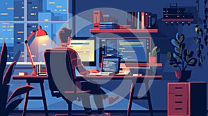 Programmer working on computer in office at night. Programmer coding code on computer screen. illustration Generative AI