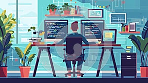 Programmer working on computer in office. Programmer coding code on desktop. Software development and programming concept. flat