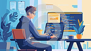 Programmer working on computer. Programmer in front of computer screen. Programmer working on program code. Programmer coding web