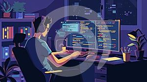 Programmer working on computer. Programmer in headphones working at home. illustration in cartoon style Generative AI