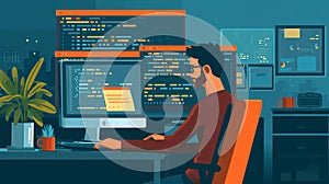 Programmer working on computer. Programmer at work. Programmer coding code on computer screen. illustration in flat style