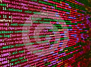 Programmer working in computer screen. Database bits access stream visualisation. Programming code abstract screen of software
