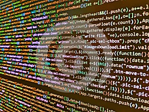 Programmer working in computer screen. Search engine optimization for better rankings with anchor tags. Data optimization. Binary
