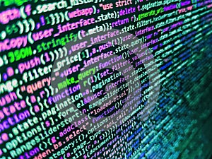 Programmer working on computer screen. Screen of web developing javascript code. Web or application development, business and