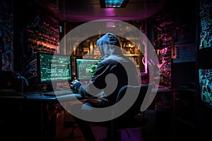 Programmer working on computers with multiple monitors. Security system cyber attack. Generative AI