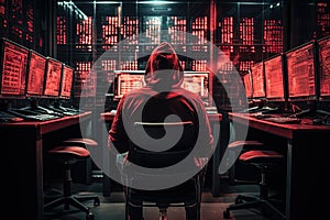 Programmer working on computers with multiple monitors. Security system cyber attack. Generative AI