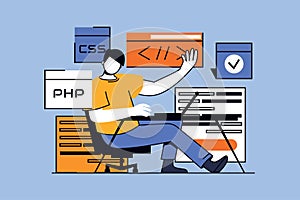 Programmer working concept with people scene in flat design for web.