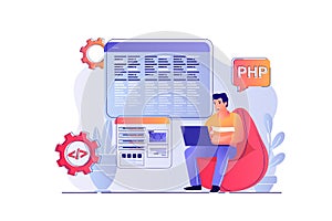 Programmer working concept with people scene. Vector illustration