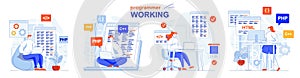 Programmer working concept set. Software development, code programming, testing. People isolated scenes in flat design. Vector