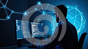 Programmer Working at Desk with Dual Monitors