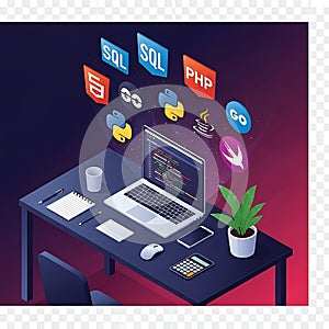 Programmer working at desk with coding languages laptop computer