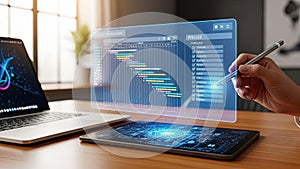 Programmer working with holographic screen and laptop displaying code
