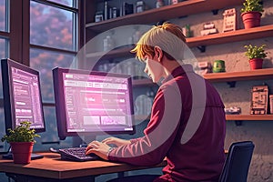 Programmer working from home at modern desk typing on keyboard looking at dual monitors