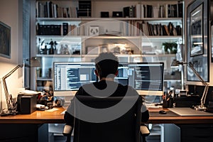 Programmer working from home office using two monitors