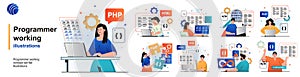 Programmer working isolated set. Devops, coding, programming software testing. People collection of scenes in flat design. Vector
