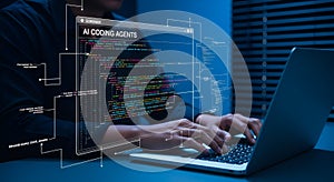 Programmer working on laptop with AI coding agents interface