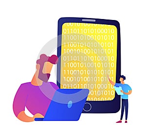 Programmer working with laptop and mobile phone with binary code vector illustration.