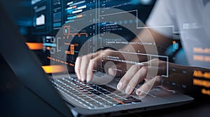 Programmer Working on Laptop with Code and Data Visualization