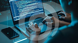 Programmer Working on Laptop Coding Software Development in Dark Room