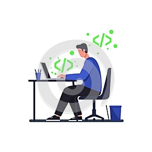 Programmer working on laptop coding software development at desk vector illustration