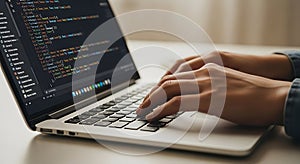 Close-up of programmer coding on a laptop with colorful code on screen