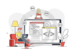 The programmer is working on a laptop. Creation of computer code in a programming. works at home at the table.