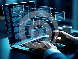A programmer working on a laptop with glowing digital data windows, representing software development