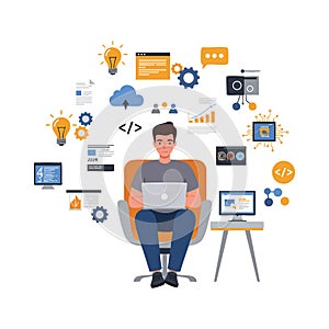 Programmer working on laptop surrounded by coding icons and technology symbols in modern vector design