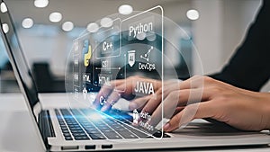 Programmer working on laptop with various programming languages and development tools