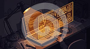 programmer working late at night coding on laptop with handwritten notes and coffee