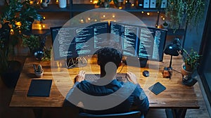 Programmer working late at night on coding project, two monitors displaying lines of code