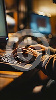 Programmer working late at night on computer keyboard in office