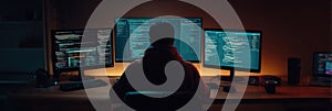 Programmer Working Late at Night in a Dimly Lit Room With Multiple Computer Screens Displaying Code