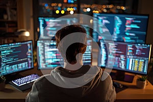 Programmer Working Late at Night with Glowing Screens