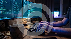 Programmer working late at night on multiple computer monitors displaying code