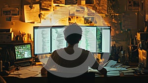 Programmer working late night with multiple monitors