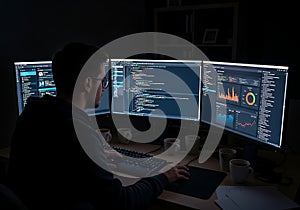 Programmer working late at night on multiple monitors displaying code and data {Ai generated