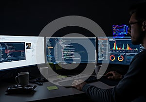 Programmer working late at night on multiple monitors displaying code and data {Ai generated