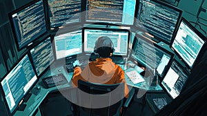 Programmer working late at night, surrounded by multiple computer screens displaying lines of code