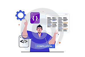 Programmer working modern flat concept for web banner design.