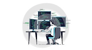Programmer working on multiple computer screens with code displayed
