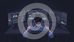 Programmer working on multiple computer screens in a dark room