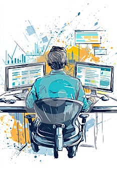Programmer working with multiple computer screens and data analysis charts
