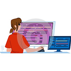 Programmer working with multiple computer screens showing code