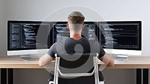 Programmer Working with Multiple Monitors and Coding Software